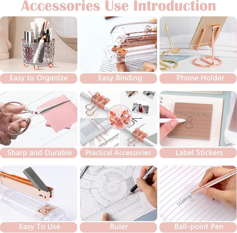 Dimonluce Rose Gold Desk Accessories, Office Supplies Desk Organizers 360°Pen Holder Acrylic Stapler Set, Phone Holder, Ballpoint Pen, Scissor, Binder Clips, Ruler, Transparent Glue, Sticky Note and Staples. - Image 5